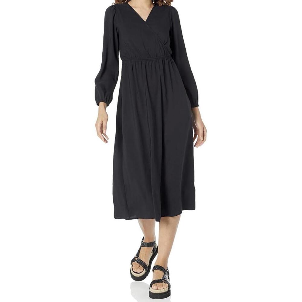 Women's Black Dress Med Lightweight Georgette Long Sleeve V-Neck Midi Amazon Ess